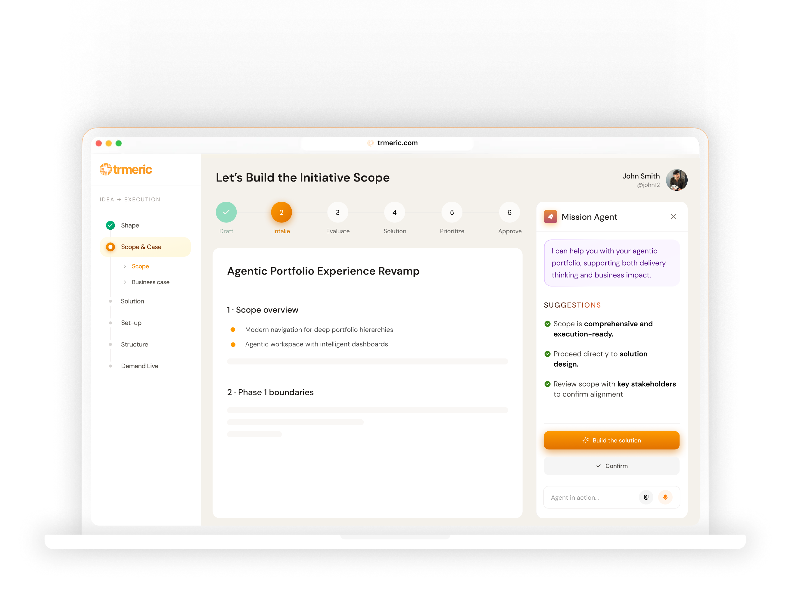 The trmeric platform — an Integrated Transformation Environment workspace: initiative scoping, an agent sidebar and a phased delivery plan.