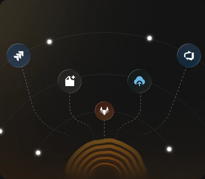 Connected tools and documents converging into a single reasoning brain.